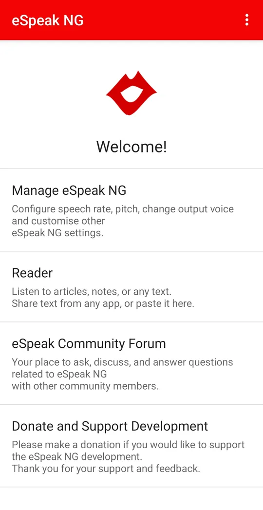 eSpeak NG home screen with four options: Manage eSpeak NG, Reader, eSpeak Community Forum, and Donate and Support Development.