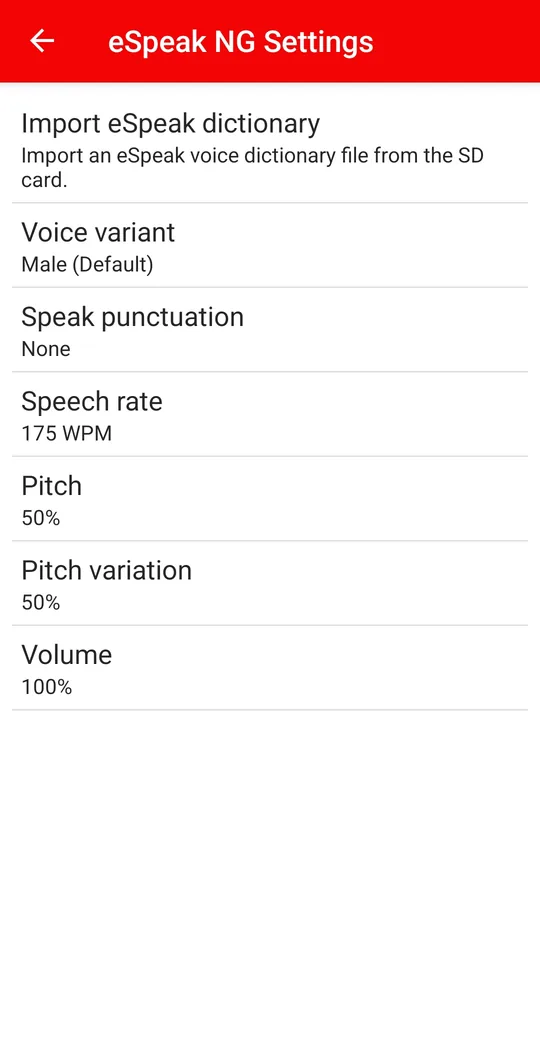 eSpeak NG Settings screen with voice variant, speak punctuation, speech rate at 175 words per minute, pitch, pitch variation and volume.