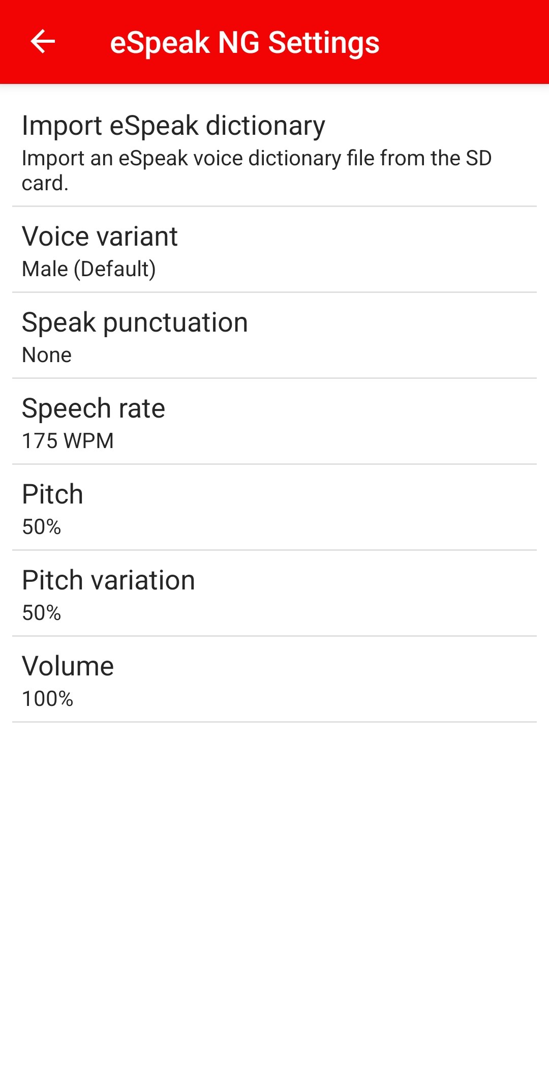eSpeak NG Settings screen with voice variant, speak punctuation, speech rate at 175 words per minute, pitch, pitch variation and volume.